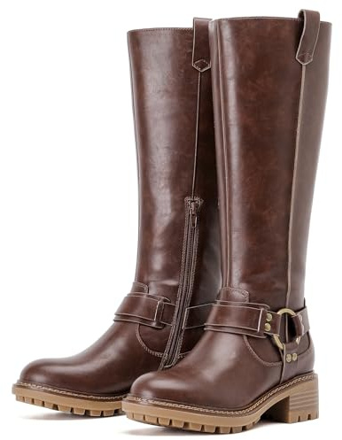 Ruiee Knee High Boots for Women Wide Calf Comfort Casual Flat Riding Combat Long Boots Low Heeled Winter Fall Fashion Dressy Tall Knee-High Boots. 240972 Brown PU Size7.5