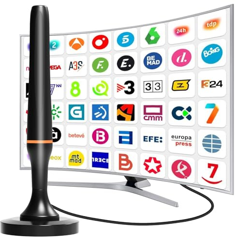 Antena TDT Interior, Antenas TV Interior Portátil 4K HD, Antena TV Interior Potente, recibe Canales Locales Recepción 360° Omnidireccional, Sin Costos de Suscripción, Cable de 2,5m & Base Magnética