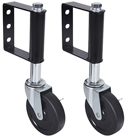 Juego de 2 ruedas para puerta, carga pesada hasta 100 kg/220 libras, altura regulable de 0 a 5 cm, giratorio 360° e inoxidable, fácil montaje para puerta de jardín, puerta de pasto y portería de patio
