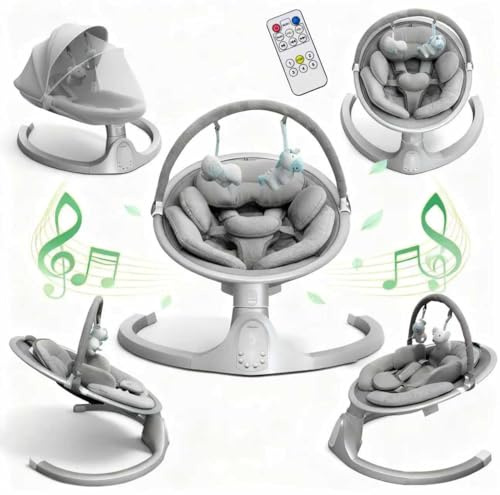 Rexhan Electric Baby Bouncer, Infant Swing Chair, Swivel Rocking Chair, Baby Cradle, Remote Control, 10 Music Melodies, Large Cushion, 360° Swivel, 5 Swings, Bluetooth, Mosquito Net, New