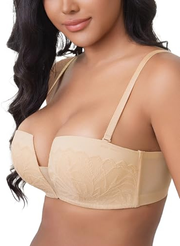ANYIRIS Push Up Balconette Bras for Women Non Wired Add 1 Cup [ABC Cup] Padded Bra Lace Plunge Multiway Bra for Square Neck