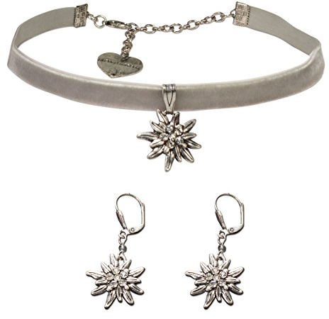 Alpenflüstern Trachtenschmuck-Set Trachten-Samt-Kropfband und Ohrhänger Strass-Edelweiß - Damen-Trachten-Schmuck, Trachtenset Trachtenkette und Trachten-Ohrringe grau SET015