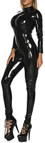 Freebily Women's One Piece Stand Collar Full Body Suit Wet Look Leather Zip Back Catsuit Clubwear Black Large