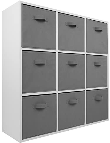 Charles Jacobs White 9 Cube Storage Shelving Unit + 9 Grey Fabric Drawers