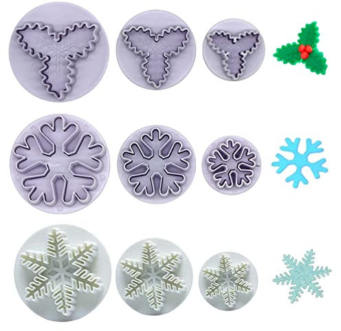 Christmas Cake Decorating Tools, 9Pcs Christmas Plunger Cookie Cutters Snowflake Cake Plunger Cutter, Christmas Holly Leaves Cookie Cutter Snowflake Cake Decorating Tools for Baking,Cake Decorations