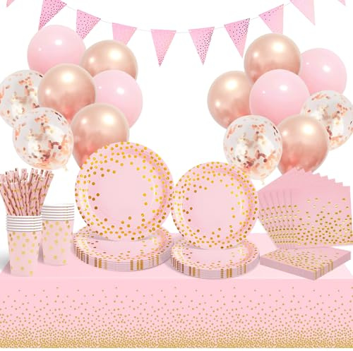 Platos Vajilla para Fiestas Cumpleaños, 20 Invitados Vajilla con Globos, Platos y Vasos de Papel, Servilletas, Paja, para Fiestas, Boda, Aniversarios, Halloween, Navidad, Rosa y Oro