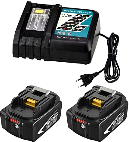 Powayup 2 Stück Ersatzakku für Makita 18V Akku + 14,4V-18V 7A DC18RCT Ladegerät für Makita 18V Akku BL1845B BL1840B BL1835B BL1830B BL1825B BL1845 BL1840 BL1835