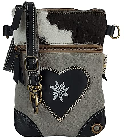 Domelo Dirndl Umhängetasche- Oktoberfest Trachtentasche. Tasche mit Edelweiß & Herz Design - Traditionelle Kleine Crossbody Bag aus Canvas & Kuhfell. Geschenke für Teenager Mädchen