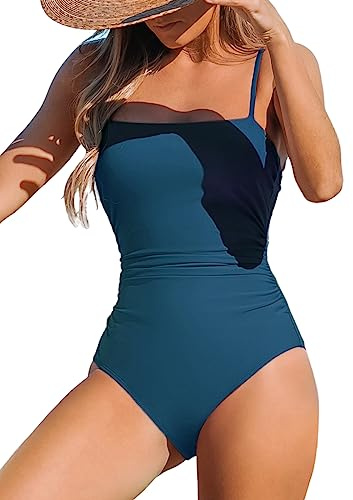 CUPSHE Damen-Badeanzug, einteilig, quadratischer Ausschnitt, Rückenausschnitt, Bauchkontrolle, mit verstellbaren Spaghettiträgern, Badebekleidung, dunkelblau, M