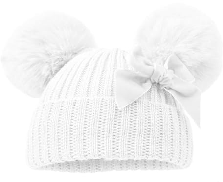 Mini Mart Online Limited Deluxe Ribbed Design Hat with Pom Poms & Bow - White/NB - 12 Months