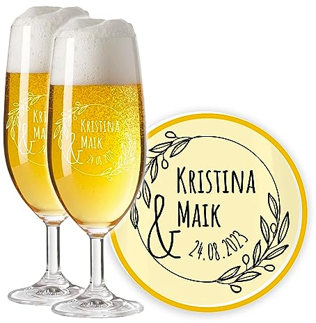 LALALO Leonardo Hochzeit Bierglas Geschenk-Set (2 St.) graviert, Biertulpe/Pilstulpe mit Gravur personalisiert als Hochzeitsgeschenk, Hochzeitstag, Standesamt (Ewigkeitszweig)