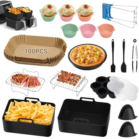 19 PC Accessoires Air Fryer, Accessoire Air Fryer pour Ninja Dual AF500EU, AF400EU, AF300EU & Other 7,6L-9,5L Foodi Airfryer, avec Moule silicone, Papier Cuisson, Grille, etc