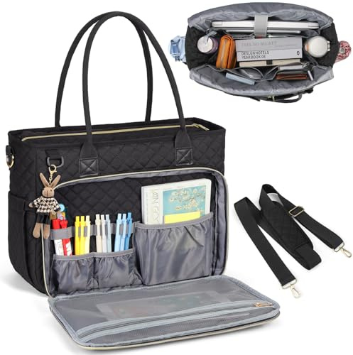 RAINSMORE Bolsa de mano para profesora para mujer, bolsa de trabajo para profesores con funda acolchada para laptop, regalo ideal para profesores, educadores, color negro