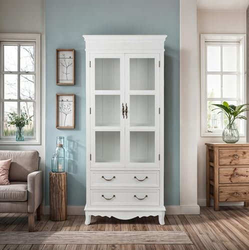 Wohnando Weißer Vitrinenschrank Melody, Holz, 31x70x177 cm Shabby Chic Design mit 2 Glastüren und 2 Schubladen, verzierte Metallgriffe