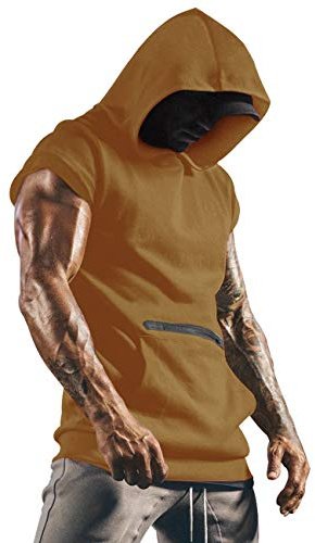 Lomon Herr tanktopp muskelskjorta ärmlös huvtröja sport linne fitness gym skjorta med mobiltelefonfickor, BRUN, L