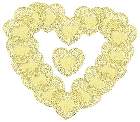 VICASKY 100 pezzi di pizzo per torte a forma di cuore in oro – eleganti centrini di carta per torte, torte e dessert, ideali per matrimoni, feste e occasioni speciali, usa e getta e assorbenti l'olio