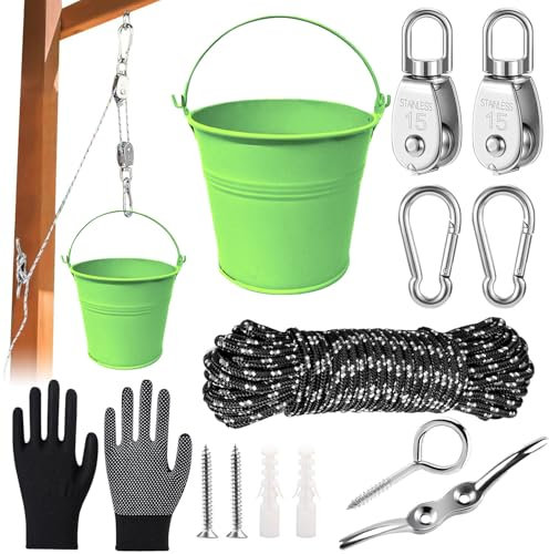 Accessoire Cabane Enfant Exterieur,Poulie Enfants,Poulie avec Seau en métal,Accessoires pour cabane dans Les Arbres,Accessoire pour Maison d'arbre Jouets de Jardin pour Enfants de 3 Ans et Plus