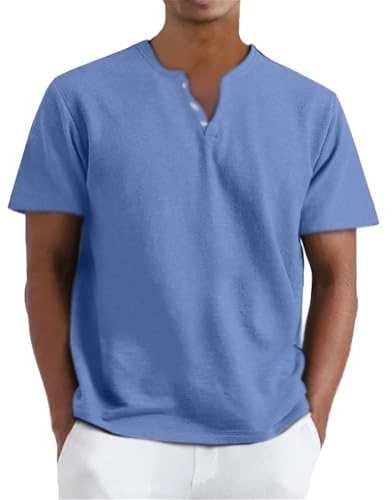 DENGJIAMY T-shirt da uomo taglie forti casual in cotone con scollo a V con bottoni maglietta tinta unita maglietta a maniche corte classica basic tinta unita top abbigliamento estivo da uomo, Azzurro