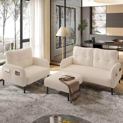 KOMHTOM Canapé 3 Places Modulaire avec Fauteuil, Tabouret, 4 Poches Latérales et Pieds de Chaise en Métal - Canapé Salon Moderne Confortable (Beige - Ensemble)