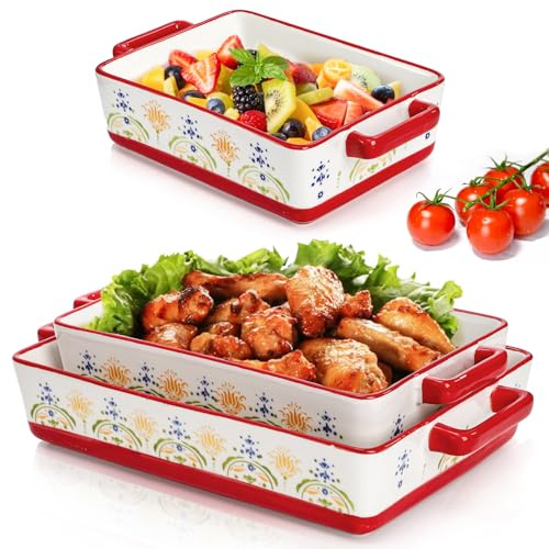 WRINGKIT Set of 3 Ceramic Baking Dishes, Rectangular Casserole Dish for Oven, Ceramic Bakeware Lasagna Pan Deep with Handles for Cooking, Baking, Wedding Gift, 3 Sizes (12''/10.7''/7.7''), Red