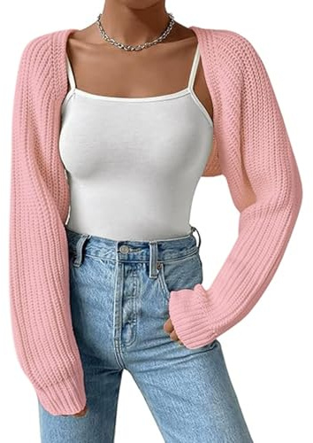 Women's Cropped Cardigan Y2K Long Sleeve Open Front Chunky Knit Shrug Casual Solid Bolero Going Out Top Streetwear(Light Pink,S)