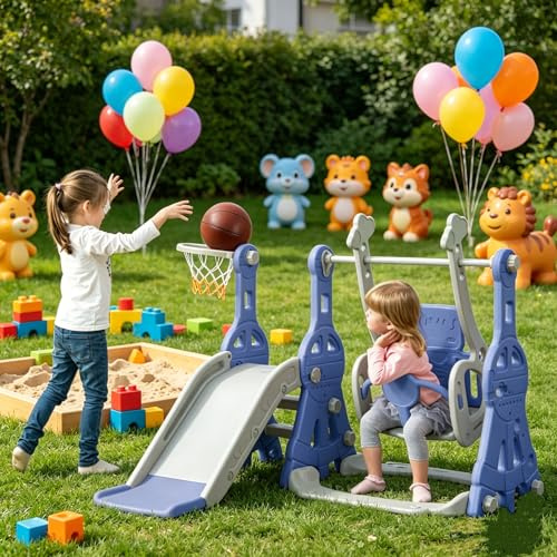 Toboggan Enfant 4 en 1 avec Balançoire, Toboggan BéBé Aire de Jeux Intérieur et Extérieur avec Une Balancoire Un Toboggan,Un escalier et Un Panier de Basket, Toboggan Multifonctionnel (Bleu, A)