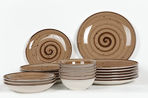 Geschirrset 24-teilig aus Porzellan für 6 Personen | Tiefe Suppenteller, Flache Essteller, Dessertteller und Schüsseln | Hochwertiges modernes Vintage Tafelservice Kombiservice handbemalt | Braun