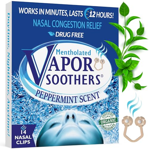 Vapor Soothers Mentholated Nasal Dilators for Breathing, Instant Nasal Congestion Relief, Nose Clips for Snoring, Nasal Dilators for Sleeping, Mentholated Peppermint, 14 Count, Drug-Free