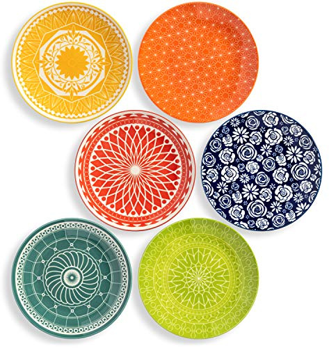 Annovero Salad Plates - Small Plate for Serving Appetizer, Lunch, Sandwich - Microwavable - Decorative Cute Colorful Porcelain Boho Dish Set for 6 - Zero Lead & Cadmium - 8.5 Inch Diameter