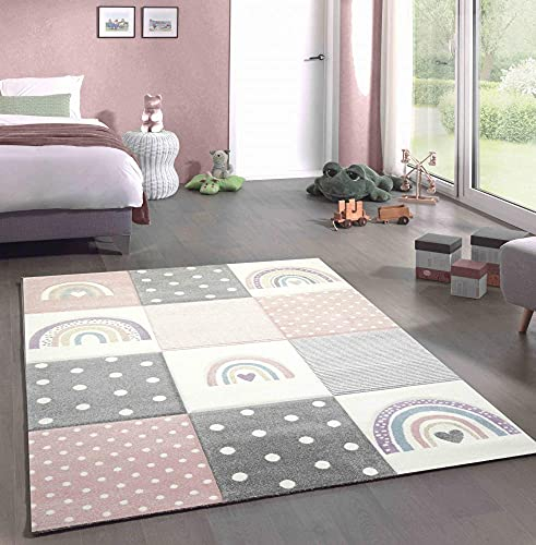 CARPETIA Kinderteppich Kinderzimmer Spiel Teppich Herzchen Regenbogen Punkte Design Creme rosa grau Größe 140x200 cm