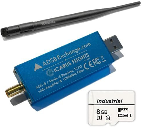 ADSBexchange.com Blue R820T2 RTL2832U, 0.5 PPM TCXO ADS-B SDR w/Amp and 1090 Mhz Filter, Antenna & Software on Industrial MicroSD