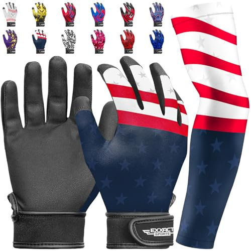 Exxact Sports Baseball-/Softball-Schlaghandschuhe mit texturierter Handfläche für besten Halt und einer passenden Sublimationsarmmanschette (Kombi) für Jugendgrößen (Youth Large/X-Large, Patriot)