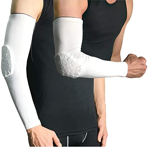 RGA Coderas, mangas de tiro de baloncesto, codo de baloncesto, manga protectora acolchada de compresión, Blanco (paquete de 2), Large