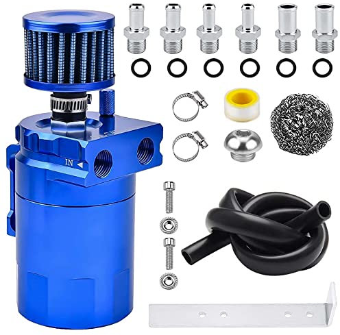 Universal Baffled Oil Catch Can 400ml Aluminum Polish Oil Separator Catch Can Kit Reservoir Tank with Breather Filter & 3/8 Fuel Line/6 Fittings/Necessary Accessories,Blue