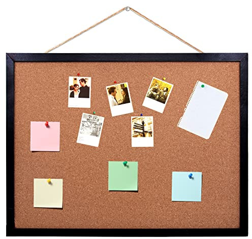 Black Cork Board Bulletin Board, 14.6X 11 Cork Board, Oak Wood Finish Frame, Wall Mounted Cork Board for Office Home and School(Pins, Eye Bolts, gaskets, Screws)