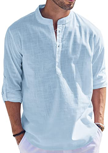 Cegerne Uomo Camicia in Lino di Cotone Manica Lunga Henley Shirt con Bottoni Casual in Tinta Unita Maglietta T-Shirt da Uomo per Spiaggia Hippie, Blu01, S