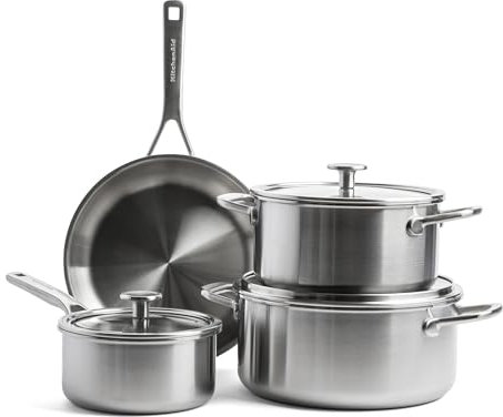 KitchenAid MultiPly 3PLY PFAS-freies 7-teiliges Kochgeschirr-Set aus Edelstahl, inkl. Bratpfanne, Kasserolle, Kochtopf, Dreifach, Multiclad, Induktion, Backofenfest bis 220°C, Spülmaschinenfest,Silber