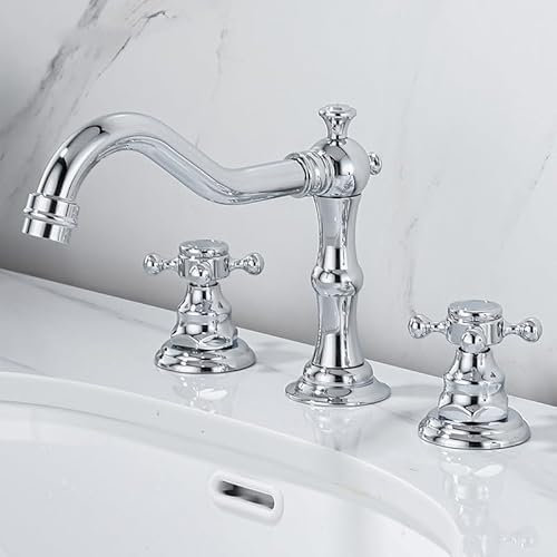 ZYCDP Miscelatore Lavabo Bagno 3 Fori Rubinetto Lavabo Con Maniglie a Croce Rubinetto Lavabo Acqua Fredda e Calda Ottone, Cromo