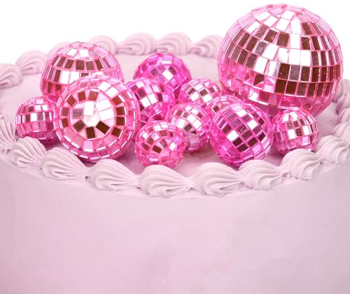 12pz Topper per Torta con Palla da Discoteca, 4 Dimensioni Topper per Torta a Tema Discoteca Decorazioni torte con Palla da Discoteca per Torta di Compleanno Bomboniera a Tema Anni '70(Rosa)
