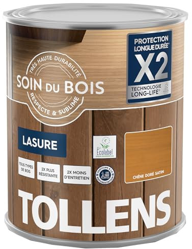 Tollens - Lasure - Ultra Résistante - Adhérence Renforcée - Protège et Décore - Protection Anti-UV - Technologie LONG-LIFE - Satin - Chêne Doré - 1 L