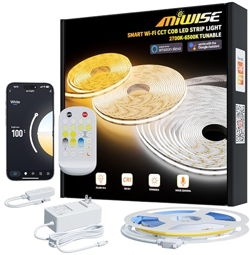 MIWISE COB LED Strip Light White LED Tape Lights 2700K-6500K 24V Color Changing Dimmable 20ft UL-Listed Super Bright with Remote & APP Control for Under Cabinets,Bedroom,Kitchen,Mirror,TV DIY Lighting