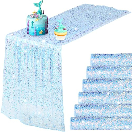 Remagr 6 Pcs Iridescent Sequin Table Runner 12 x 72 Inch Mermaid Table Runner Glitter Sequin Sparkly Desk Cover for Wedding Birthday Party Ceremony Supplies Decor (Blue)