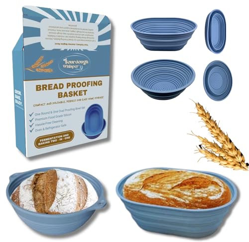 Sourdough Whisper Premium Foldable Silicone Sourdough Banneton Basket | Bread Proofing & Baking Basket Set - Includes Oval & Round Bowls (9.5 Inch) - Oven & Dishwasher Safe, Gifts for Bakers - Blue
