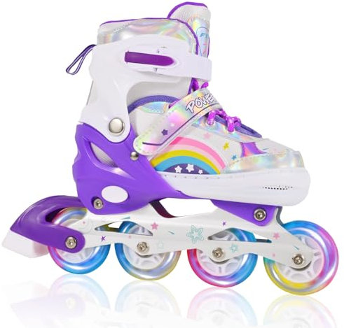 LOKJIJI Einstellbare Inline Skates für Kinder Mädchen Anfänger, Rainbow Inline Skates für Kinder und Jugend für drinnen draußen Sport Violett Regenbogen (Small)