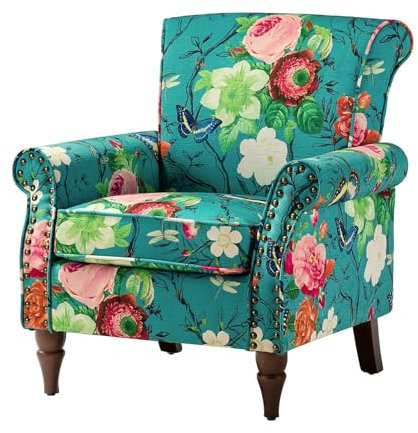 HULALA HOME Sessel gemütlich Ohrensessel Lesesessel bequem mit gerollten Armlehnen und Rücken Massivholzbeinen und Blumenmuster für Wohnzimmer Schlafzimmer, Blau