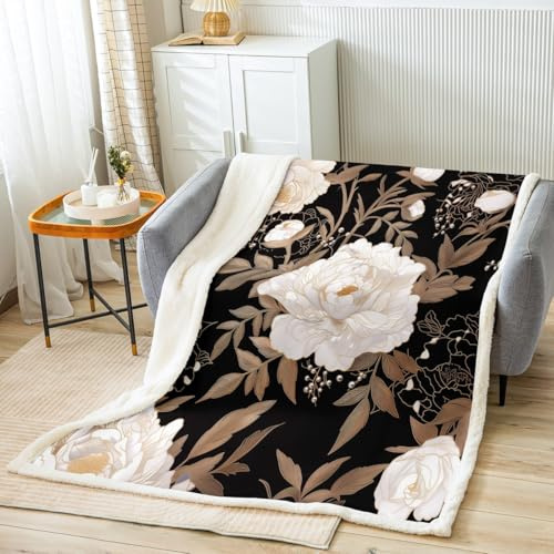 Feelyou Kids Adult Vintage Floral Fleece Throw Blanket Black Sherpa Gold Leaf Plant Pattern Plush Microfiber Fuzzy for Sofa Bed Couch 50x60