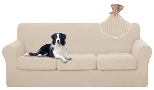 U-NICE HOME 4 Pieces Stretch Couch Cover Sofa Cover Washable Sofa Slipcover with Individual Seat Cushion for 3 Cushion Couch Sofa Pet Friendly(Sofa, Beige)