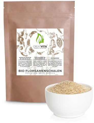 GreatVita - Semi di psillio biologici, 2 x 1000 g, 99% puro semi di pulci, qualità biologica certificata dall'India, ricchi di fibre e senza glutine, vegani, ideali per una dieta sana