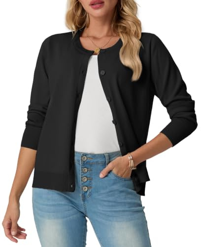 GRECERELLE Cárdigan suave de verano para mujer, bonito y ligero, cuello redondo, manga larga, suéter de punto sólido, suéteres casuales con botones para mujer, noches de verano y citas
