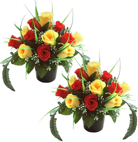 2 Set Artificial Flowers for Graves in Pot with 12-Head Yellow Red Roses Flake Funeral Memorial Cemetery Plastics Silk Christmas Grave Flowers Outdoor Graveside Ornaments for Granddad Mum Dad Friend